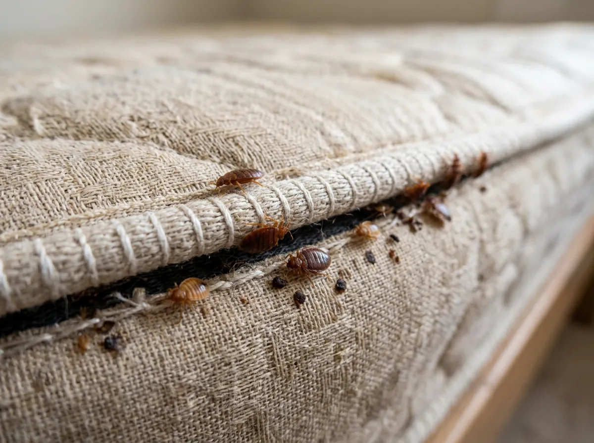 Close-up of bed bugs along a mattress seam