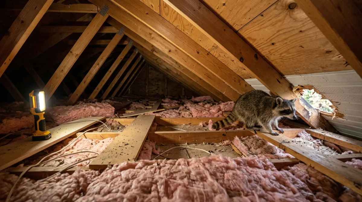 Raccoon (nuisance wildlife) in a residential attic