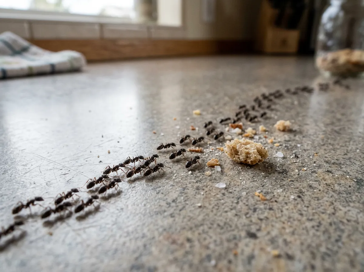 Ants trailing across a kitchen countertop