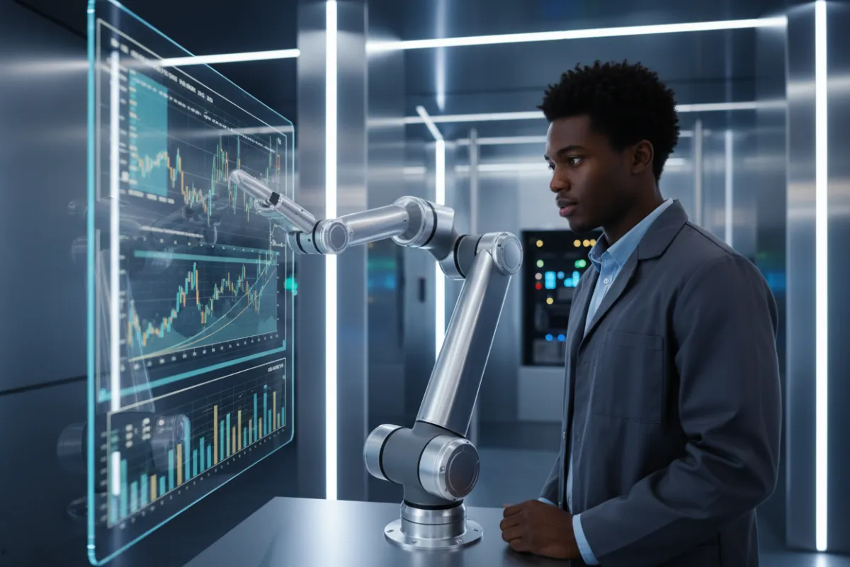 A dynamic scene of a robotic arm interacting with a touchscreen displaying financial data, set in a high-tech lab. A young Black engineer observes, highlighting the intersection of technology and finance innovation.