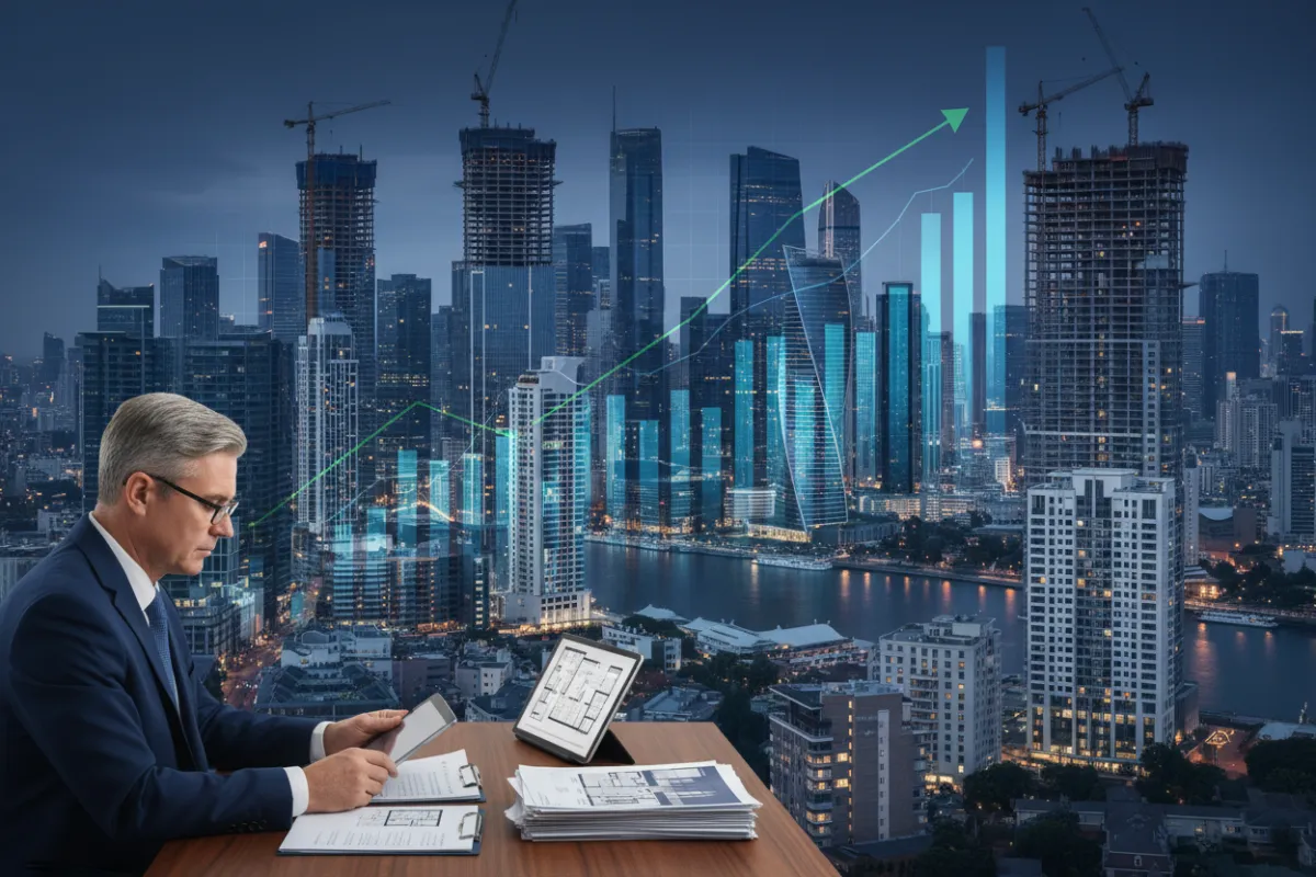 A panoramic view of a bustling urban skyline with cranes and new developments, overlaid with real estate market graphs. A middle-aged white male investor studies property reports, reflecting real estate market dynamics.