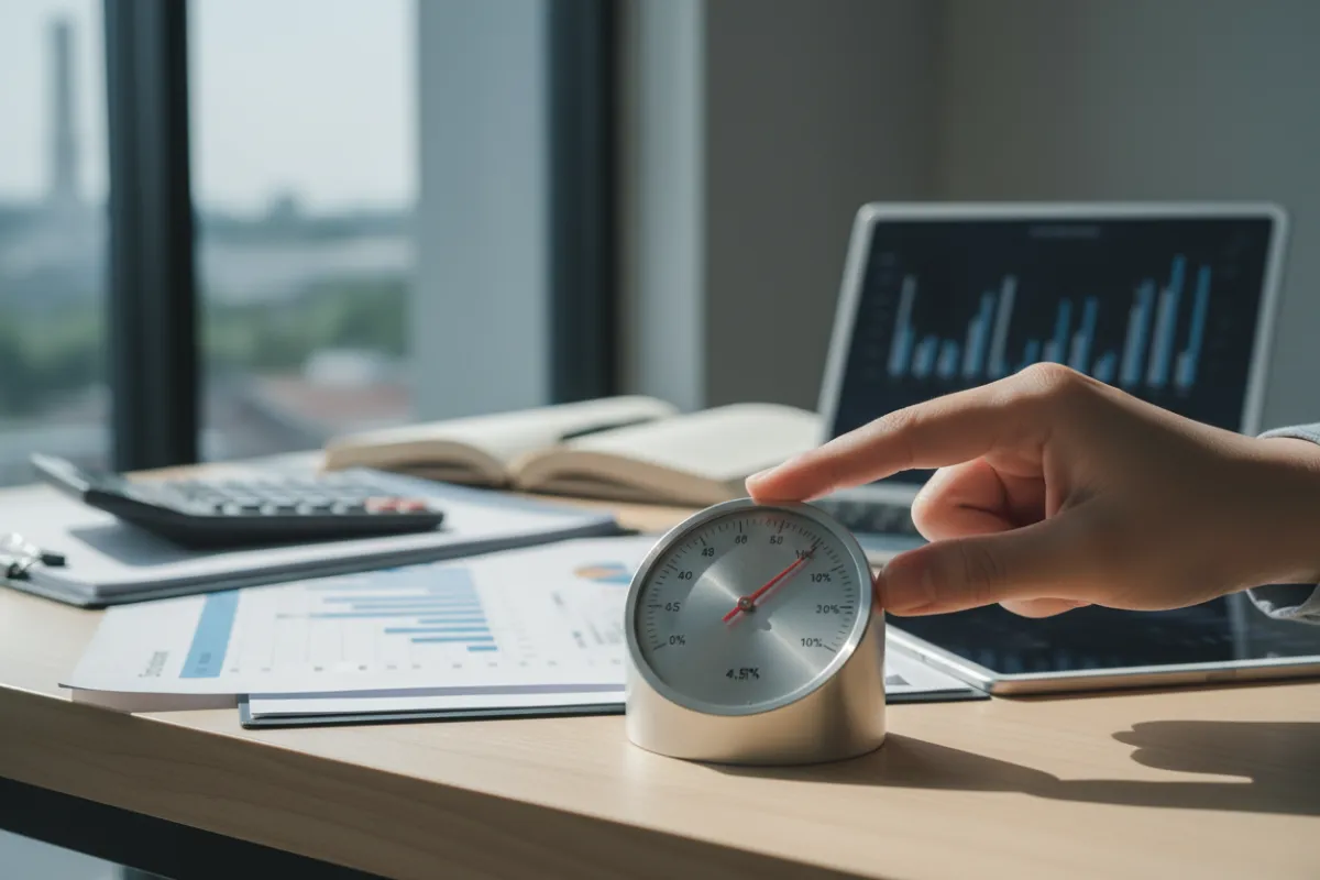 A close-up of a hand adjusting a large analog interest rate dial, with financial documents and calculators in the background. The setting is a bright, modern workspace, emphasizing the impact of rate changes on planning.