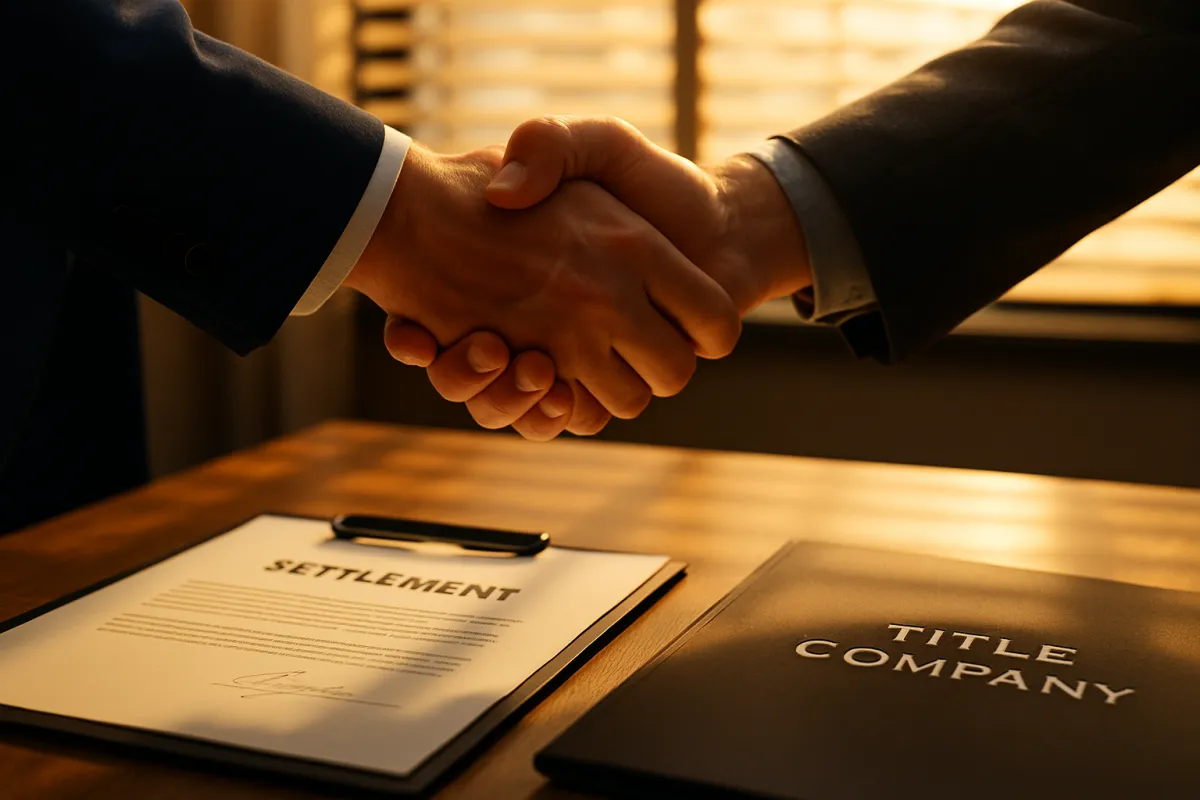 Handshake over signed settlement documents and a title company folder, photorealistic 3:2 composition.