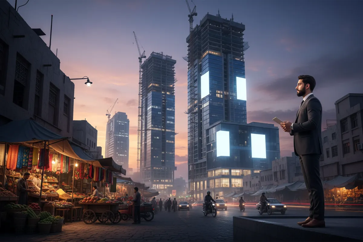 A vibrant street scene in an emerging market city, with local vendors, new construction, and digital billboards. A young Middle Eastern investor observes, symbolizing both opportunity and risk in emerging markets.