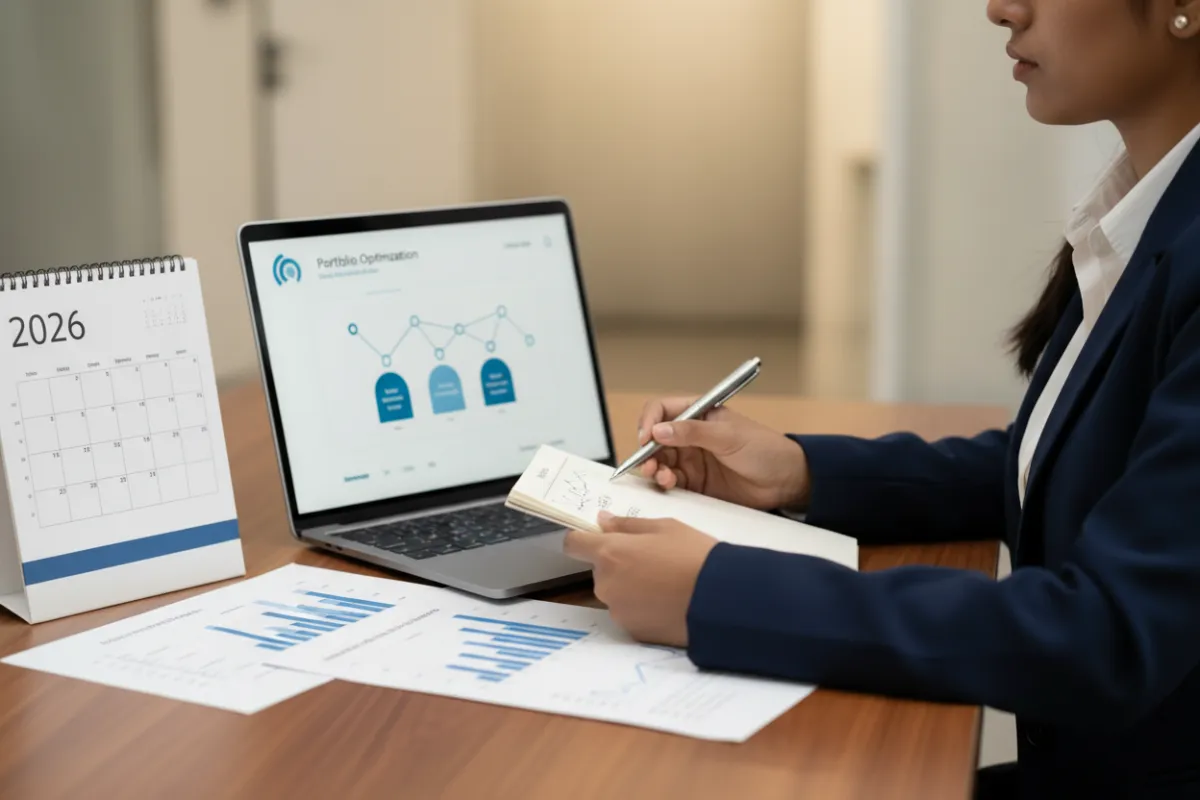 A close-up of a financial advisor’s desk with a 2026 calendar, investment charts, and a laptop displaying portfolio optimization software. A South Asian woman in business attire reviews strategy notes, symbolizing forward planning.