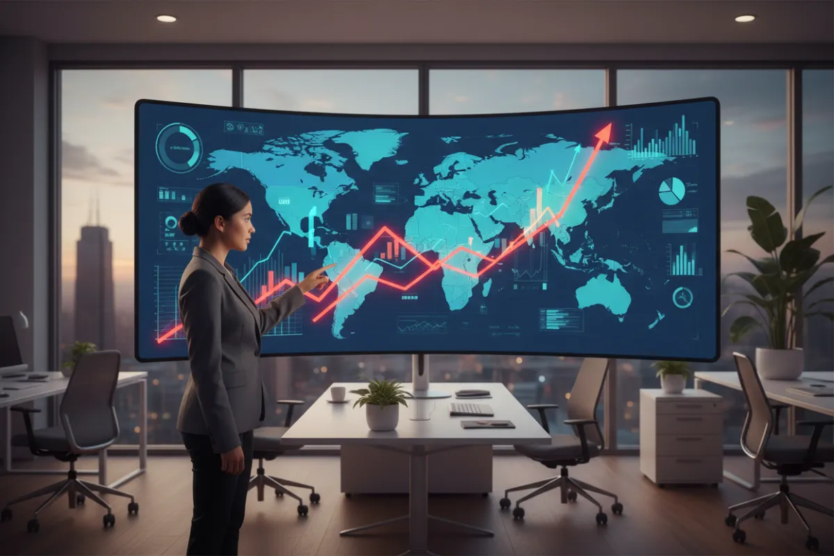 A world map overlaid with economic indicators and colorful trend lines, viewed on a large monitor in a modern analyst’s office. A young Latina economist points to a rising graph, emphasizing global economic outlook.