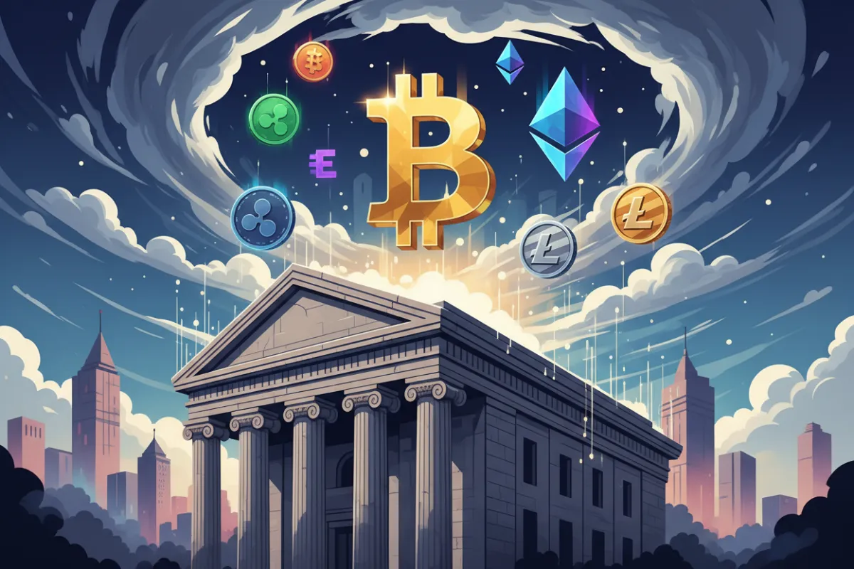 A digital artist’s rendering of various cryptocurrencies, including Bitcoin and Ethereum, floating above a classic bank building. The composition blends traditional finance with modern digital assets in a vibrant, energetic style.