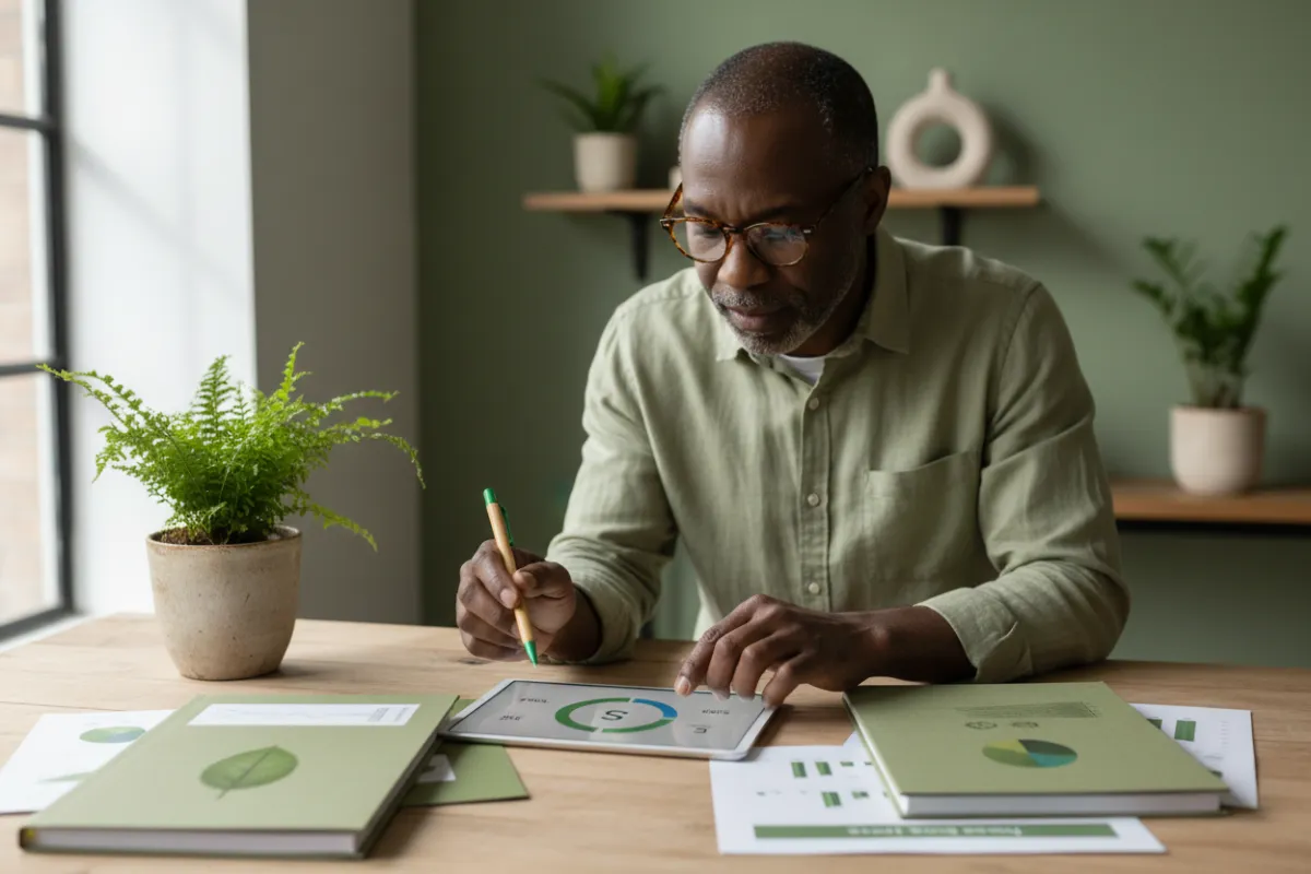 Investor analyzing a rehab budget on a laptop with property photos pinned beside it — clean editorial composition emphasizing analysis.