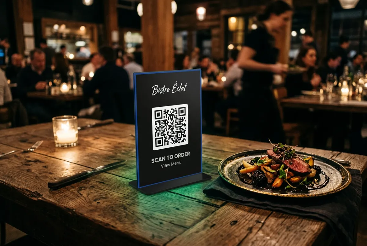 Smart QR code table display in a busy modern restaurant setting