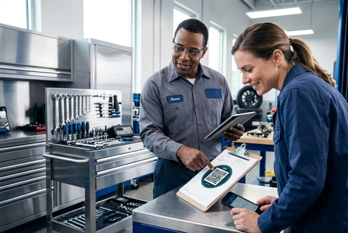 Professional service technician and client interacting with a smart QR code sticker