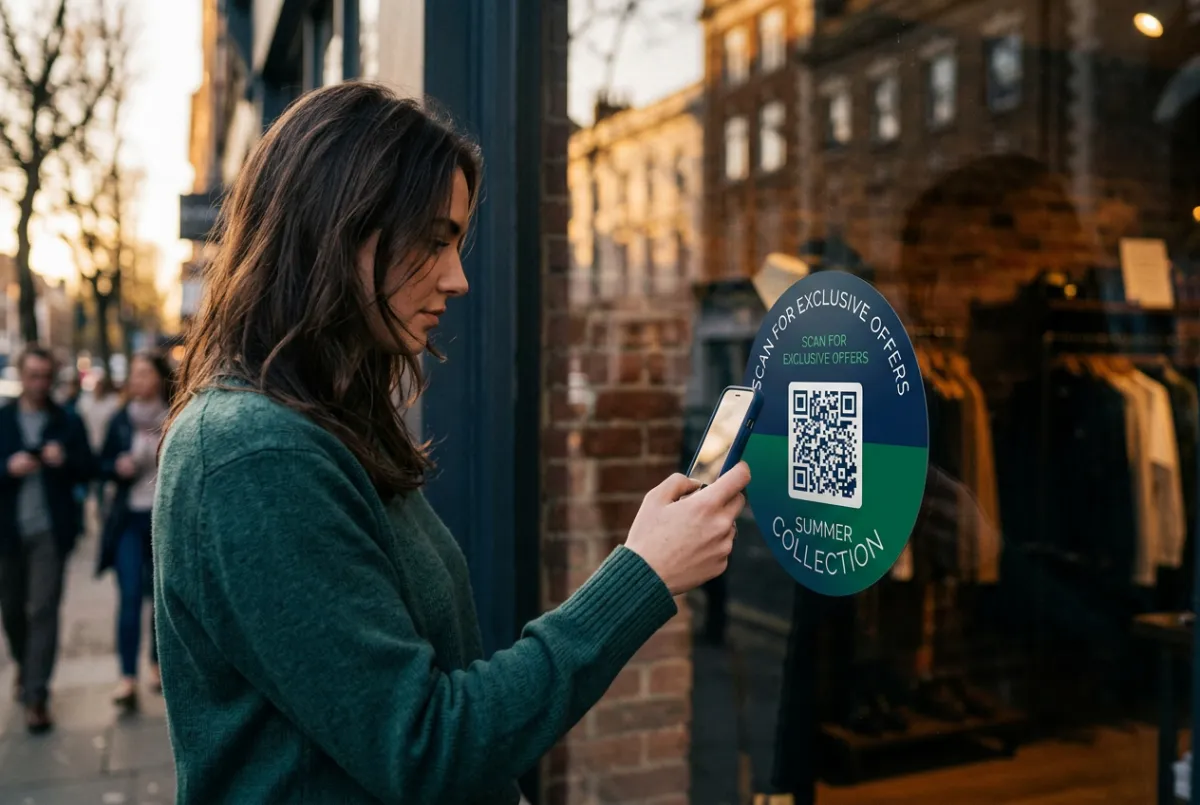 Customer scanning promotional QR code inside a modern boutique retail store