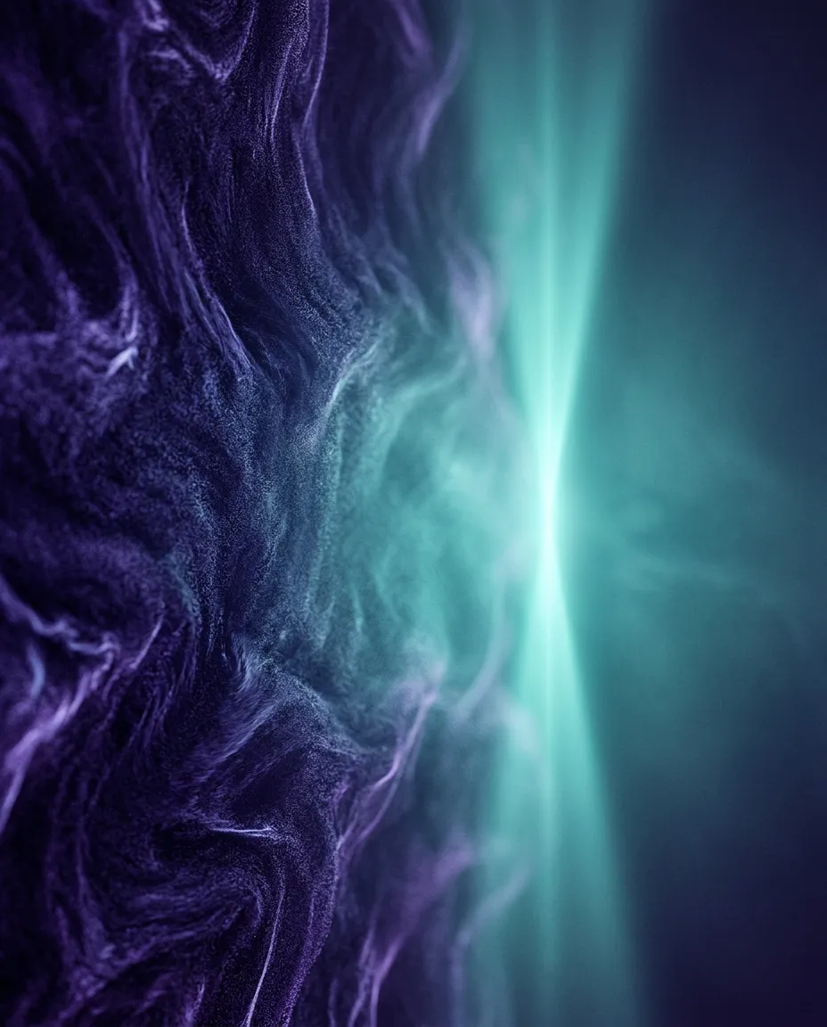 Soft ethereal abstract waves of violet and teal transitioning from chaotic noise to peaceful deep mental clarity