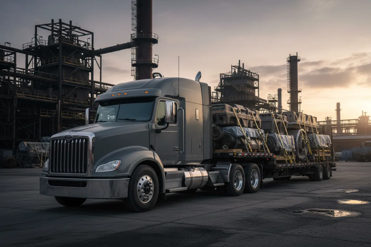 Photorealistic semi truck with a loaded flatbed trailer, no text or logos, natural lighting, high detail