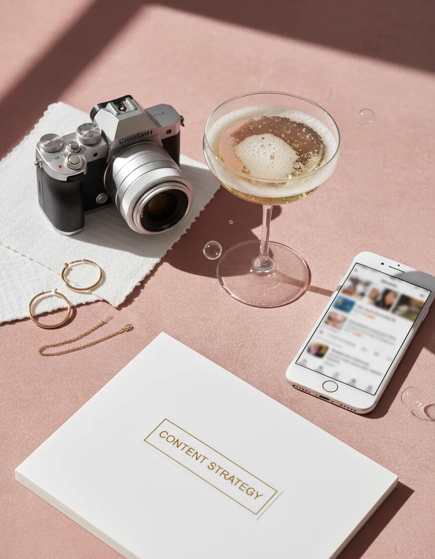 Bubbly Blonde Media styled flatlay with camera and champagne