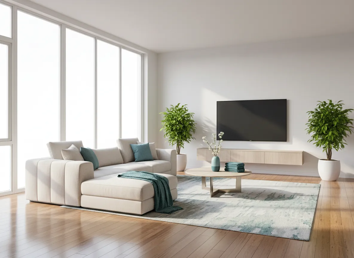 Sunlit modern living room with freshly cleaned floors and sofa