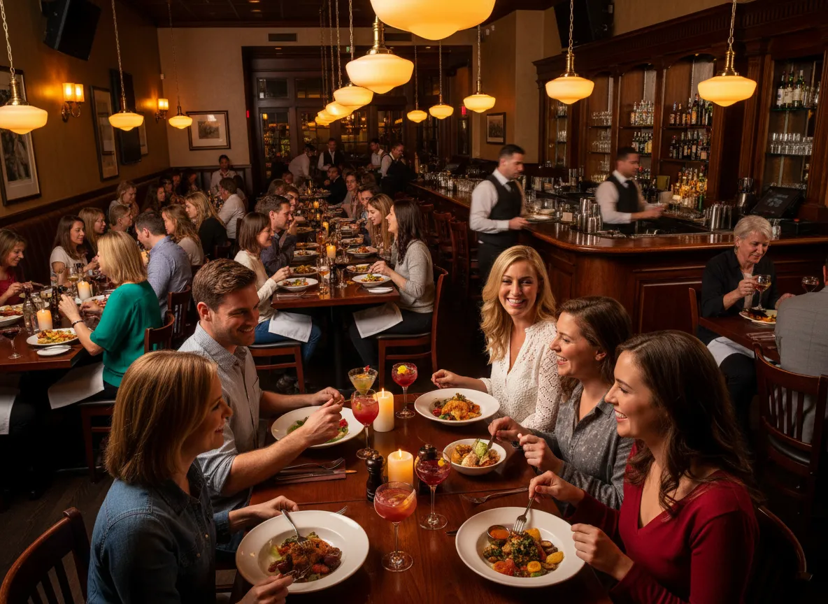 Full restaurant with happy guests enjoying their meals