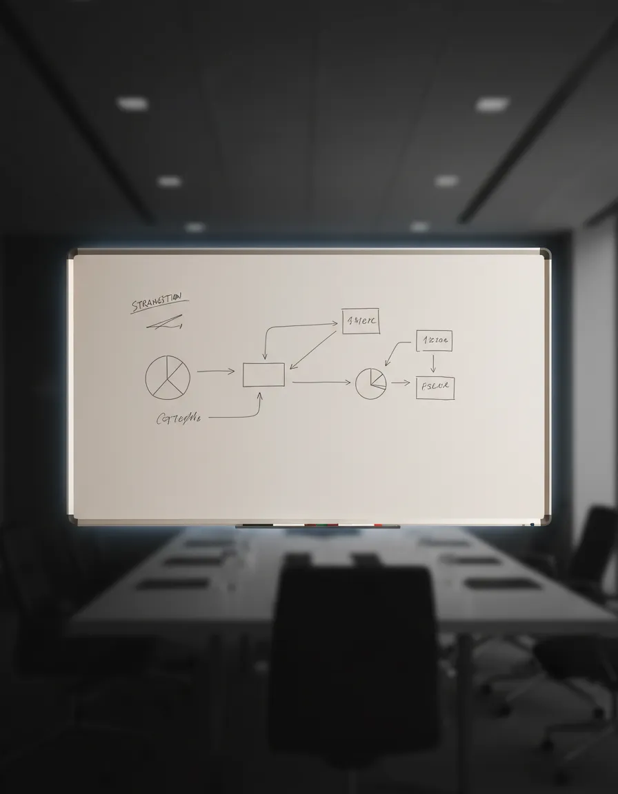 Tableau blanc de stratégie minimaliste représentant l'approche diagnostique de Conviction
