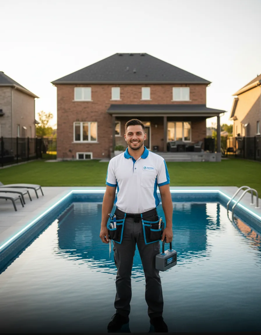 Technicien sympathique de Piscine M.S. Lachance préparant une piscine creusée à Repentigny pour la saison estivale