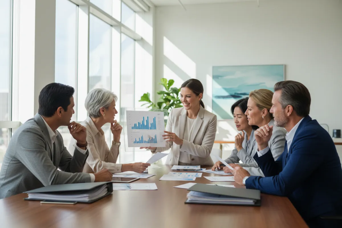 A financial advisor meets with a diverse group of pre-retirees in a modern, sunlit office. The group reviews documents and charts together, with everyone appearing engaged and reassured. The setting is professional yet welcoming, emphasizing clarity and collaboration in retirement planning.