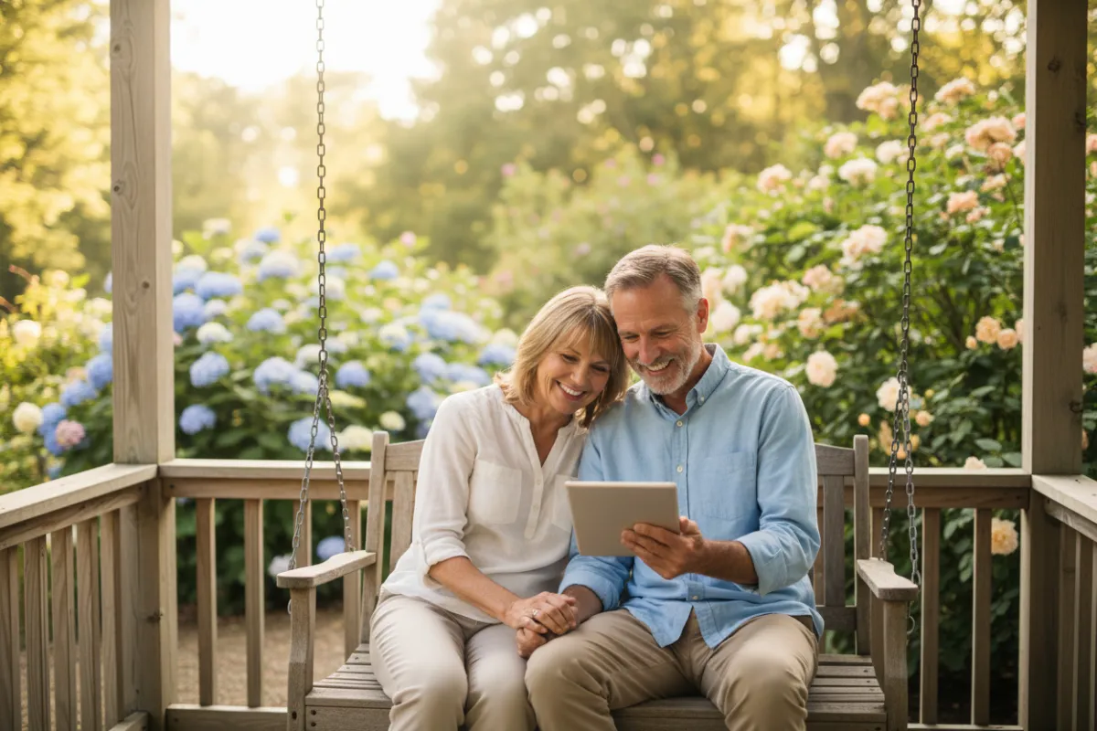 A smiling couple in their late 50s sits together on a sunlit porch, holding hands and looking at a tablet. The background shows a lush garden, evoking tranquility and optimism. The image conveys trust, comfort, and the anticipation of a secure retirement, with warm, natural lighting and a candid, documentary style.