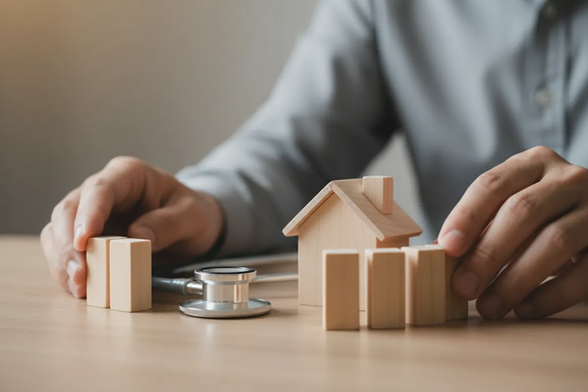 A close-up of hands placing protective blocks around a miniature house and stethoscope, symbolizing asset and health protection. The background is softly blurred, focusing attention on the safe planning concept.