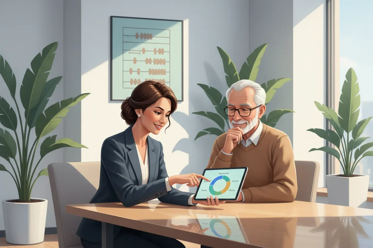 A financial planner and a retired teacher review a digital retirement roadmap on a tablet in a modern office. The planner points to a colorful chart, while the teacher smiles, feeling confident. The setting is bright, with green plants and educational decor.