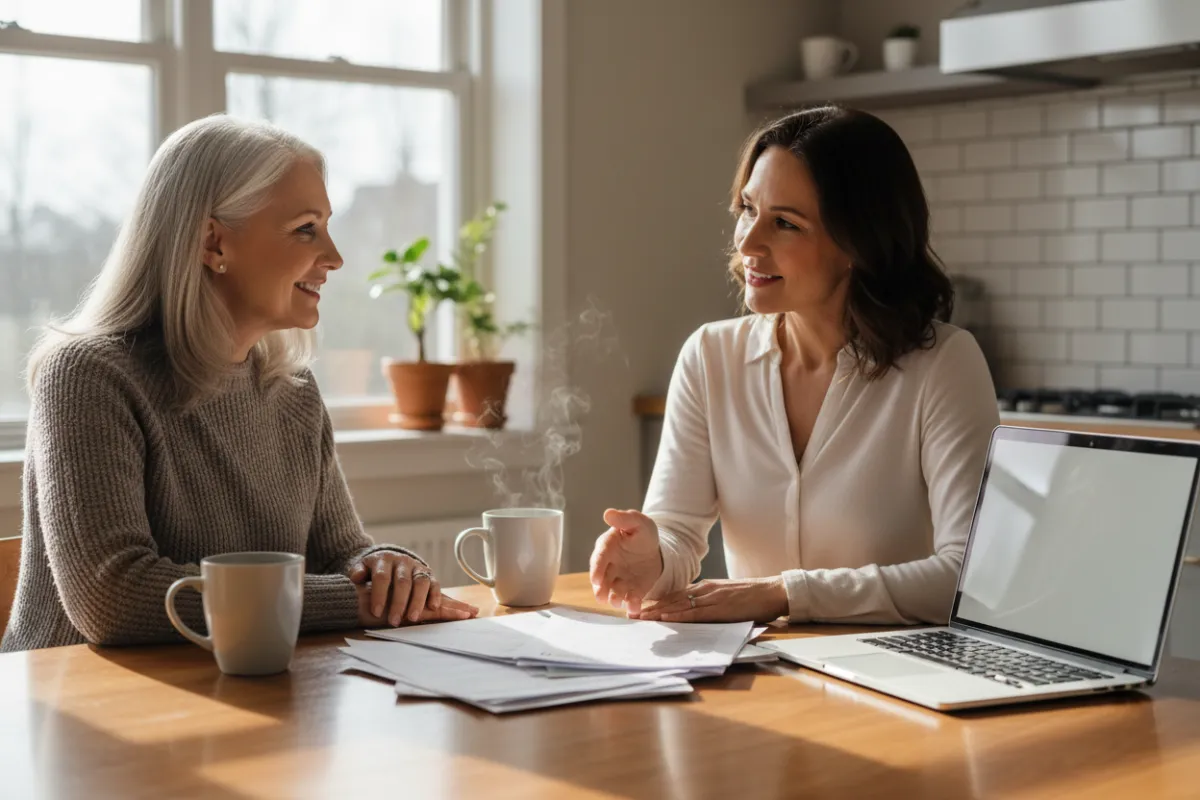 A mature woman in her early 60s sits at a kitchen table, reviewing Medicare documents with a friendly advisor. The setting is bright and homey, with coffee mugs and a laptop open, suggesting a relaxed, supportive environment.