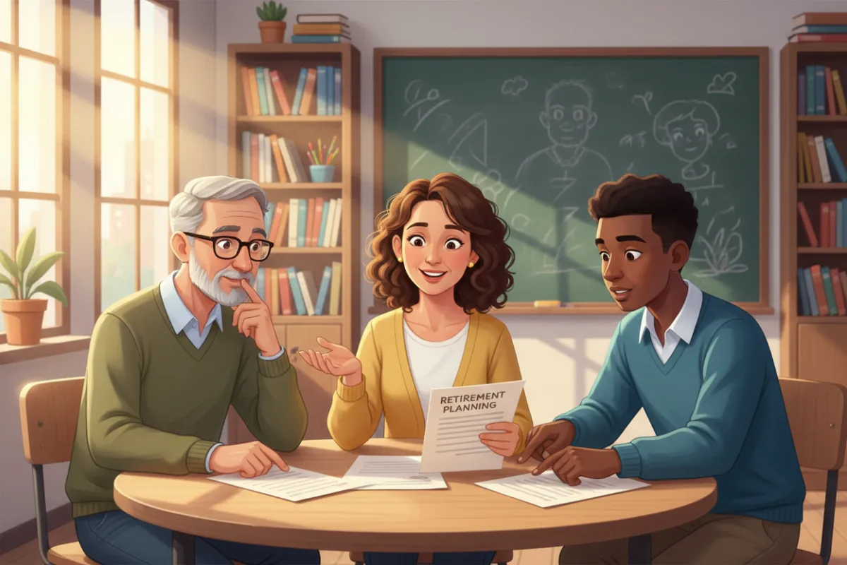 A diverse group of educators, including a middle-aged woman, an older man, and a younger teacher, stand together in a sunlit classroom, reviewing retirement planning documents. The background features chalkboards and bookshelves, evoking a sense of trust and collaboration. The illustration uses warm, inviting colors and a gentle, optimistic style.