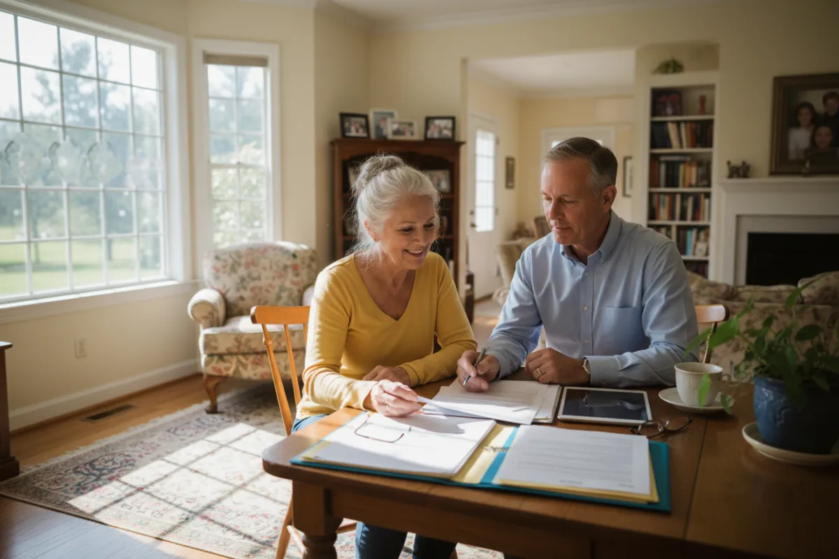 A retired teacher sits at a kitchen table, reviewing a personalized retirement plan with a financial advisor. Sunlight streams through the window, highlighting a sense of clarity and relief. The scene is realistic, with soft colors and a welcoming home environment.