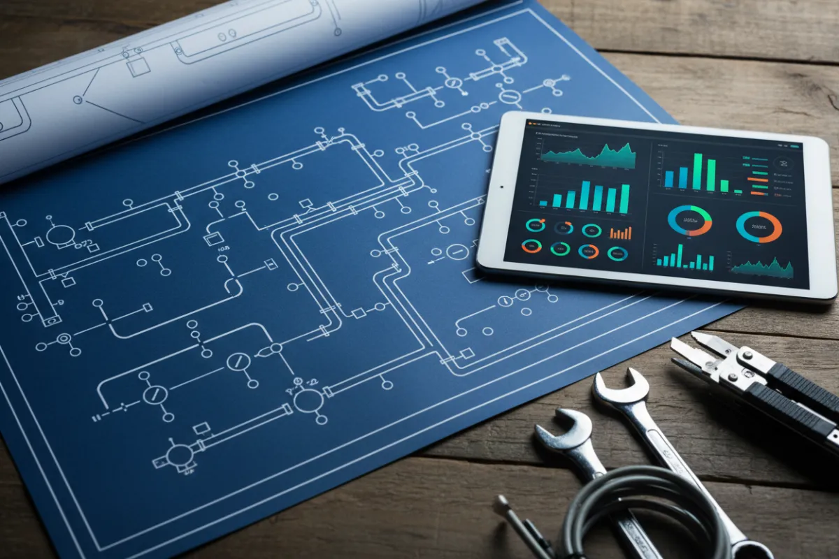 A clean, detailed blueprint and a tablet showing a performance dashboard on a timber table; cool studio lighting, high clarity, photorealistic; composition emphasizes systems, charts, and field technician tools.