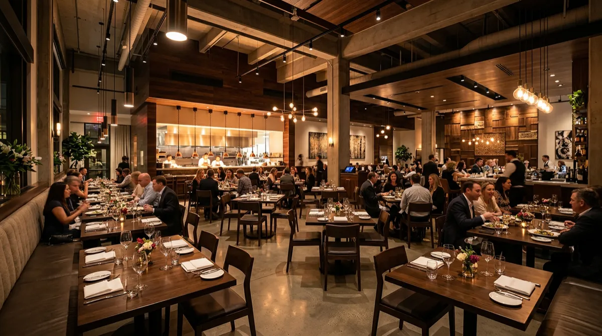 An upscale, modern restaurant interior with high ceilings, warm lighting, and numerous dining tables, representing a hospitality business.