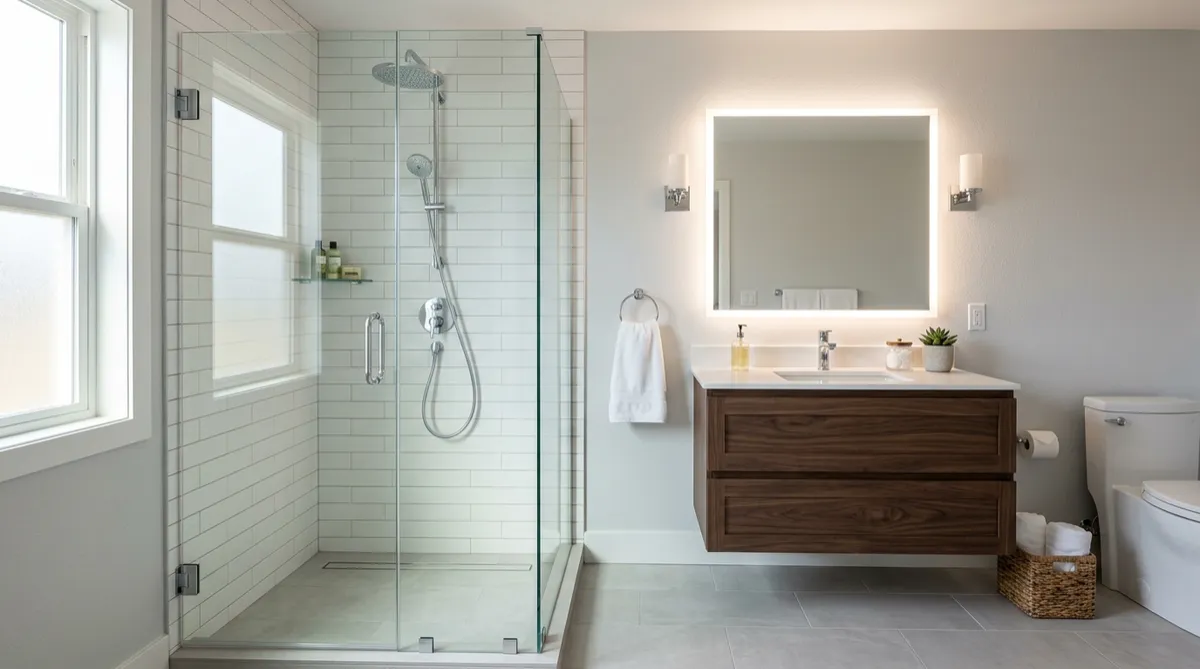 A pristine, modern bathroom with a glass shower enclosure, dark wood vanity, and light walls representing a small office or gym setting.