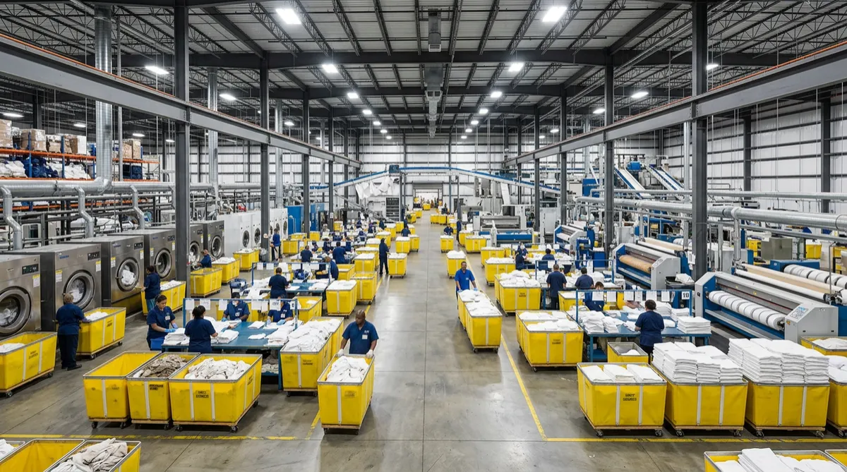 A massive, bustling industrial laundry facility or warehouse with high ceilings, bright lighting, and numerous yellow carts, representing enterprise-scale operations.
