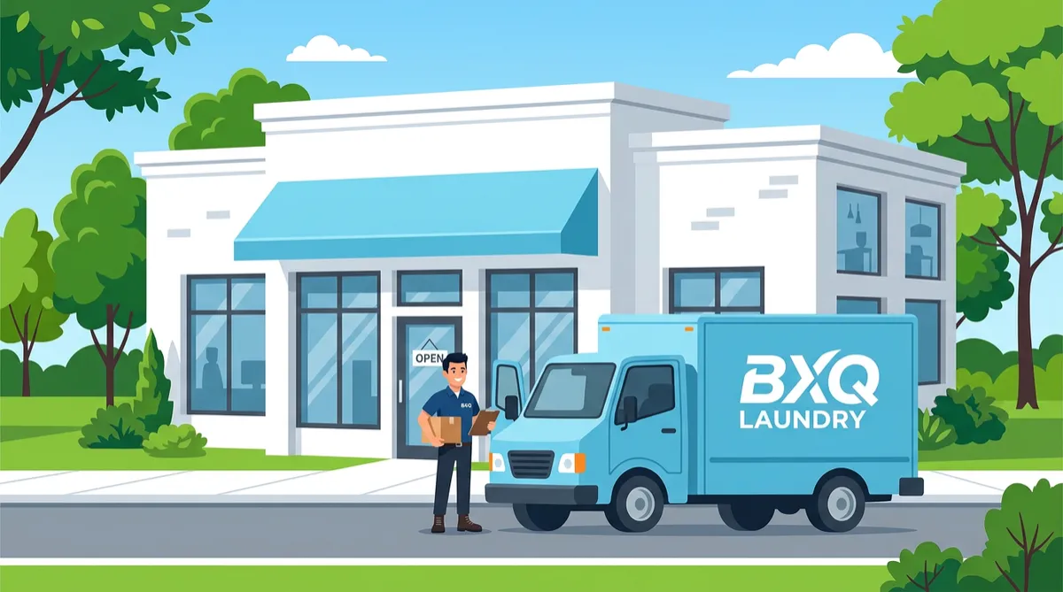 Flat vector illustration of a light blue delivery truck with BXQ Laundry logo parked in front of a white building with large windows and a light blue awning. A delivery driver in uniform stands next to the truck. Green grass and trees are in the background.