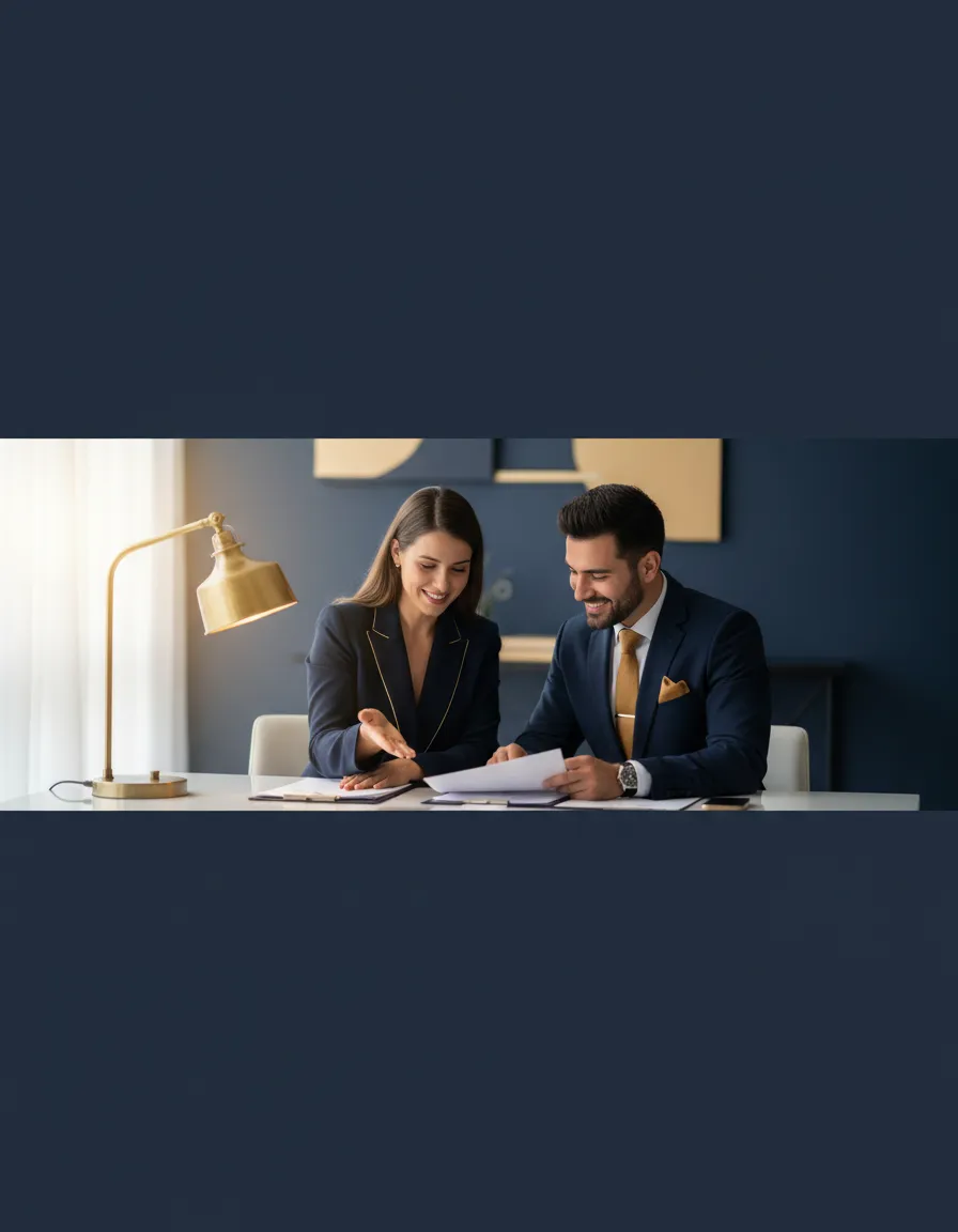 A relieved financial client smiling in a softly lit modern office