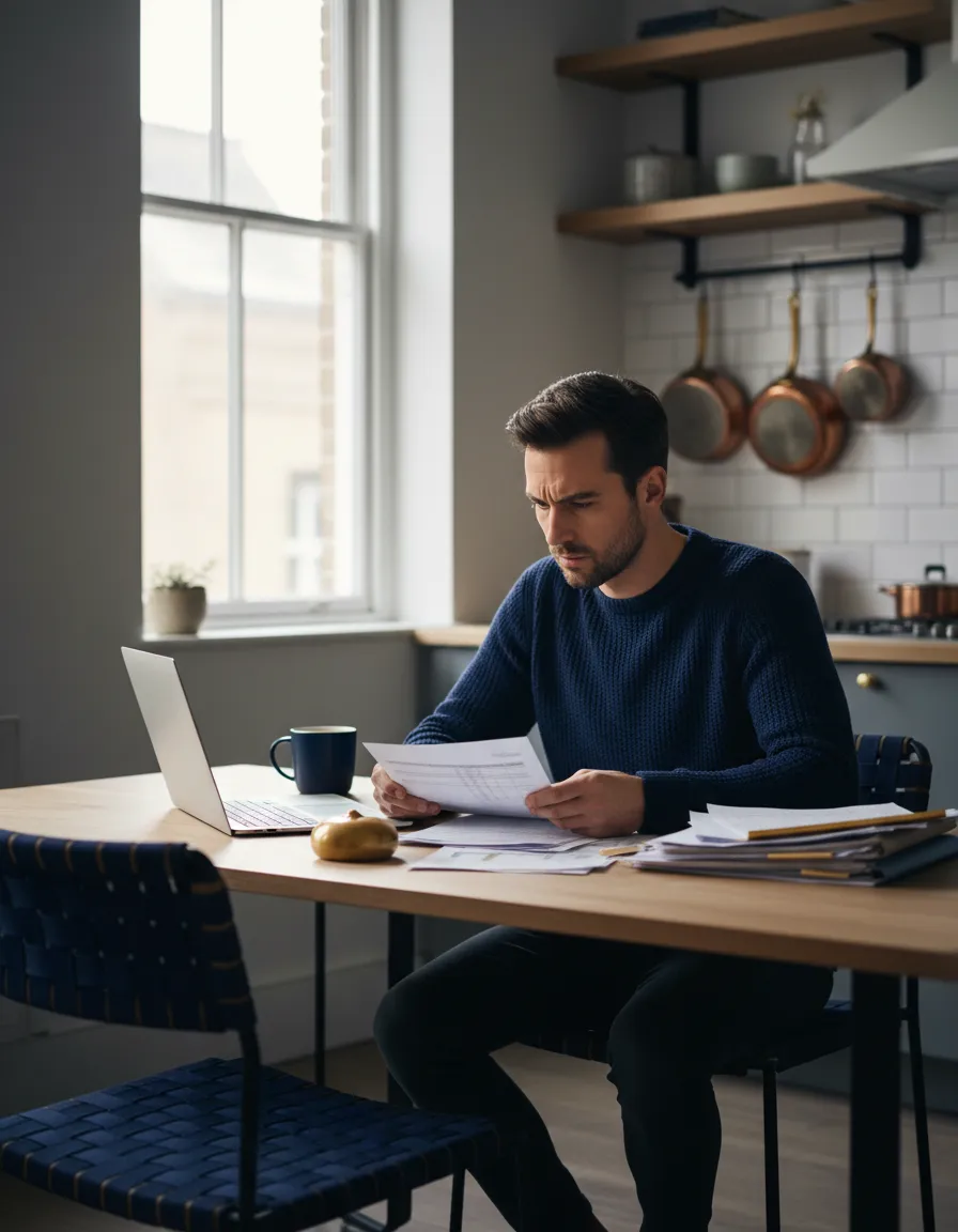 Stressed person looking at financial paperwork at kitchen table
