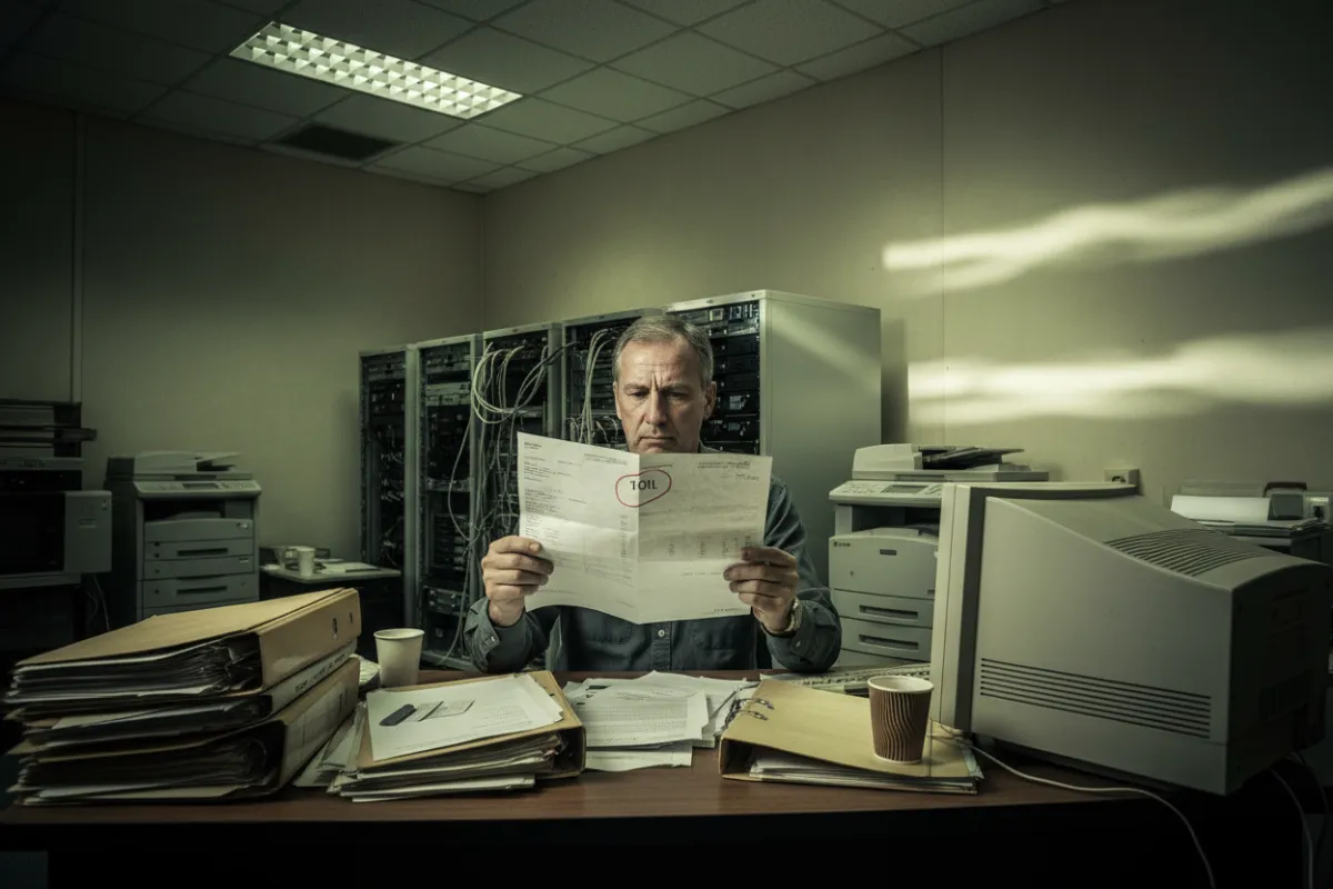 A worried office manager examining a high electricity bill at a cluttered desk, with a background of flickering fluorescent lights and outdated equipment. The scene conveys frustration and concern over rising costs. 3:2 aspect ratio.