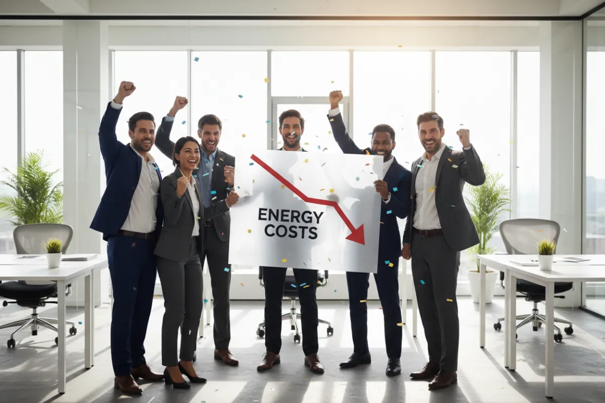 A diverse team of business professionals celebrating in a bright boardroom, holding a chart with a dramatic downward trend in energy costs. The setting is modern, with glass walls and natural light. 3:2 aspect ratio.