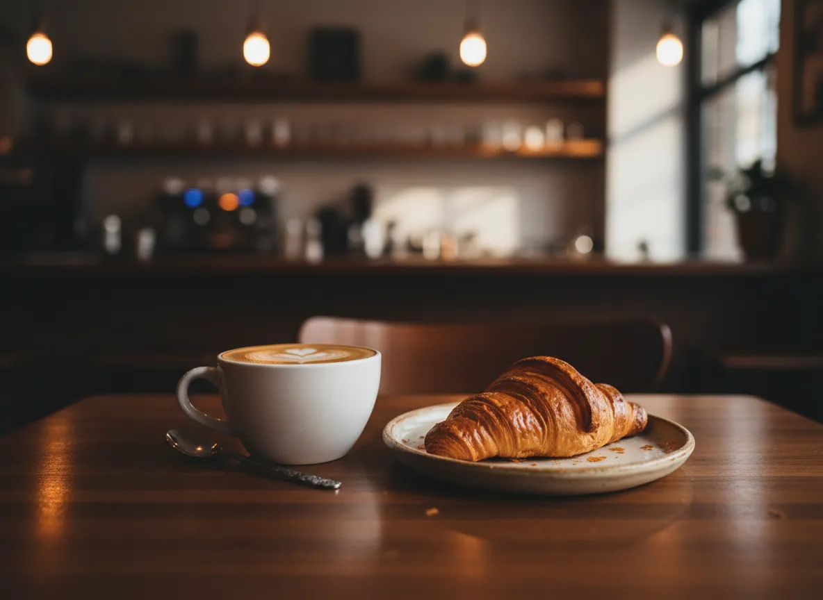 Latte art coffee and pastry on a wooden table at BrewHaven Coffee