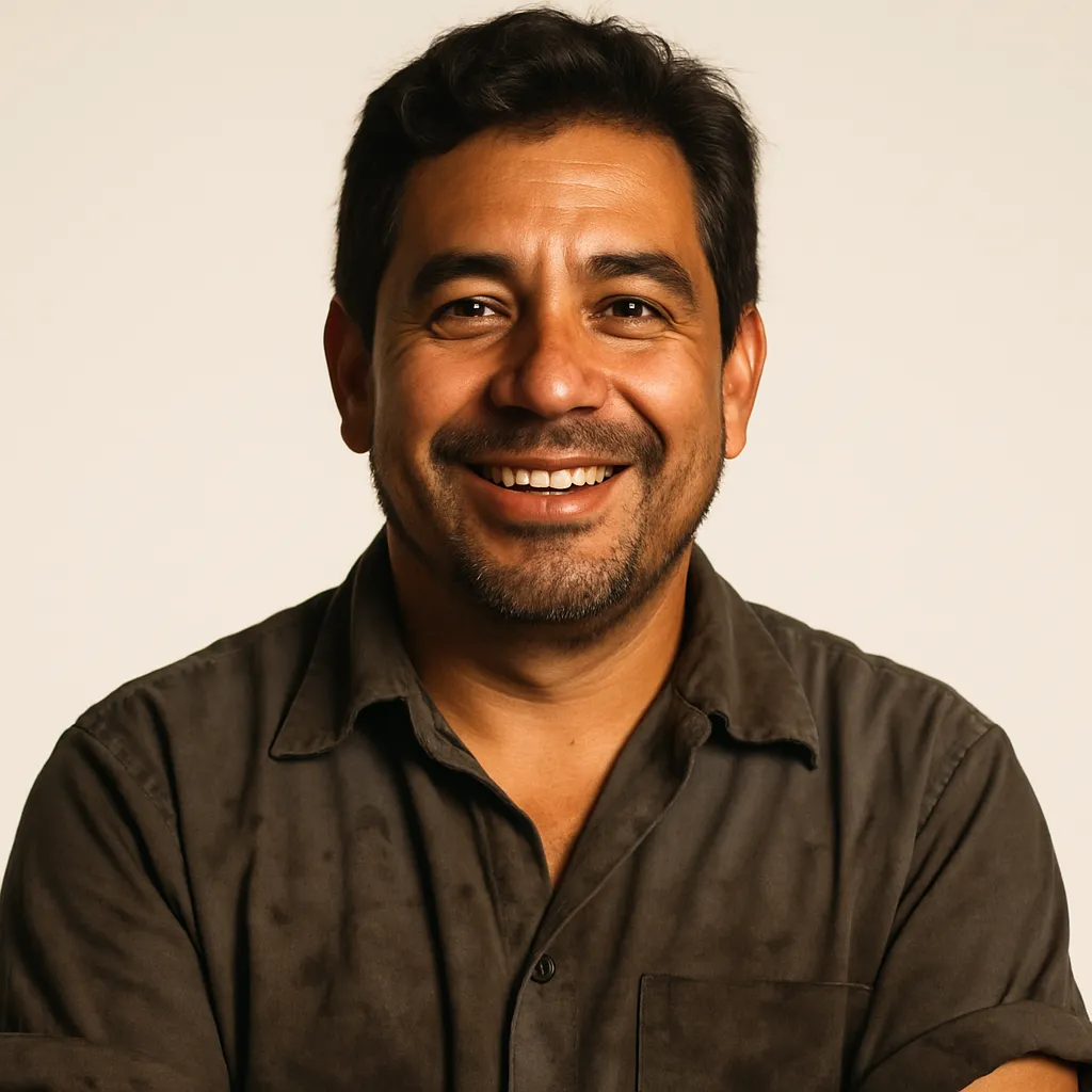 Portrait of Diego Rivera, owner of Rivera Collision, smiling in a shop shirt