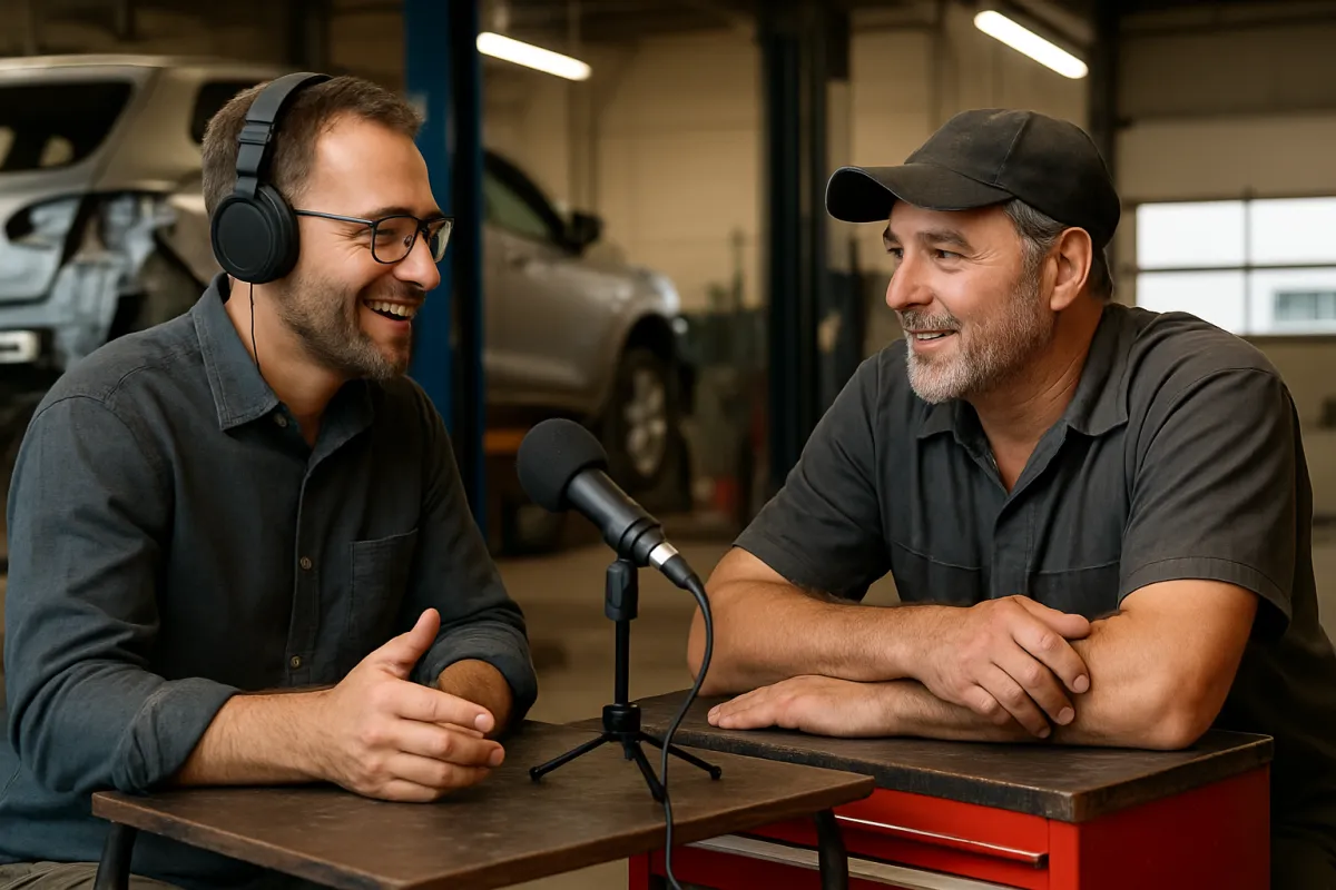 Podcast-style interview in an auto repair shop with portable mic setup.