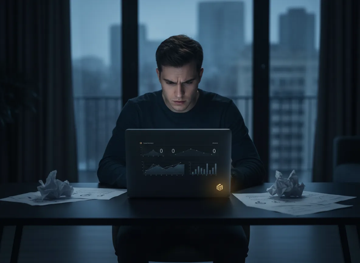 Frustrated digital entrepreneur looking at laptop and notes