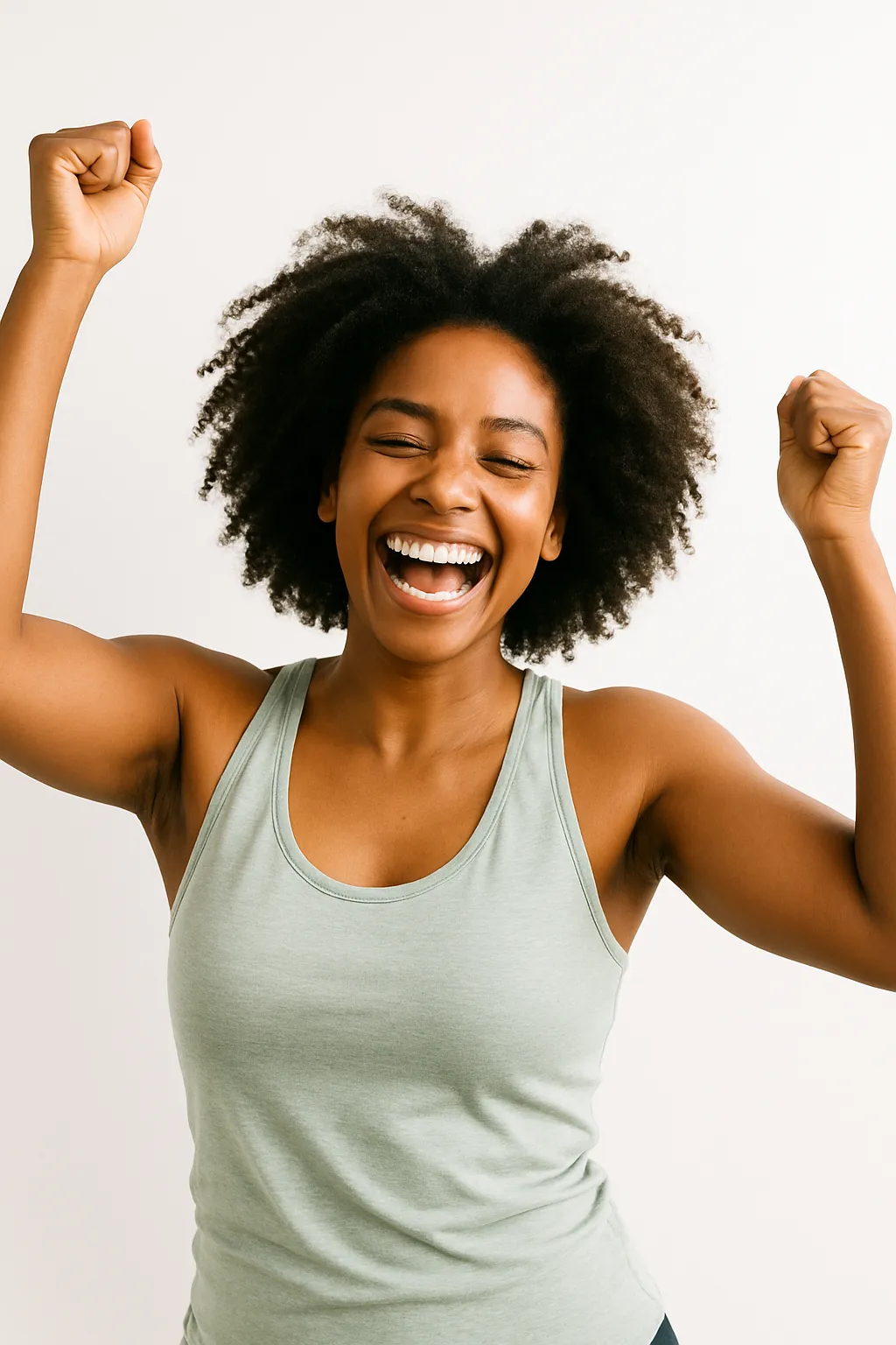 Excited African American woman celebrating wellness progress