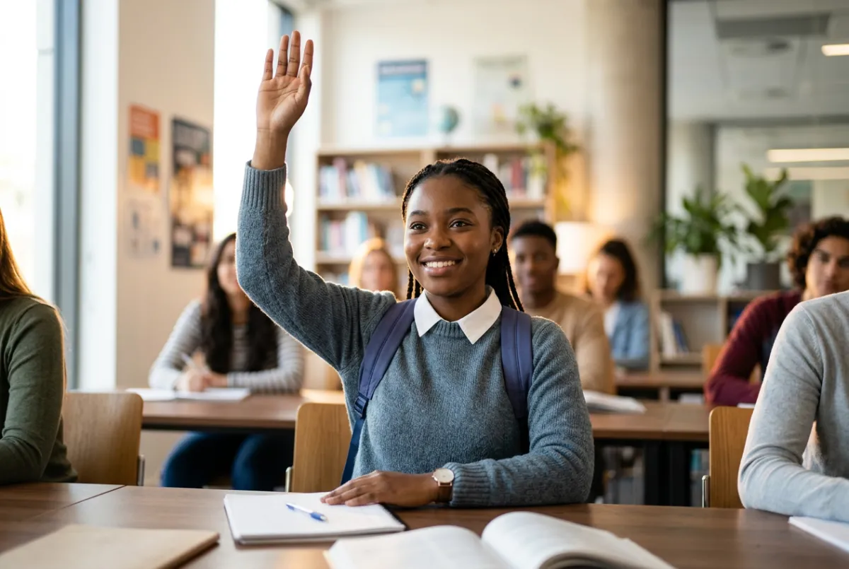 Motivated student enthusiastically raising their hand in a bright, modern classroom