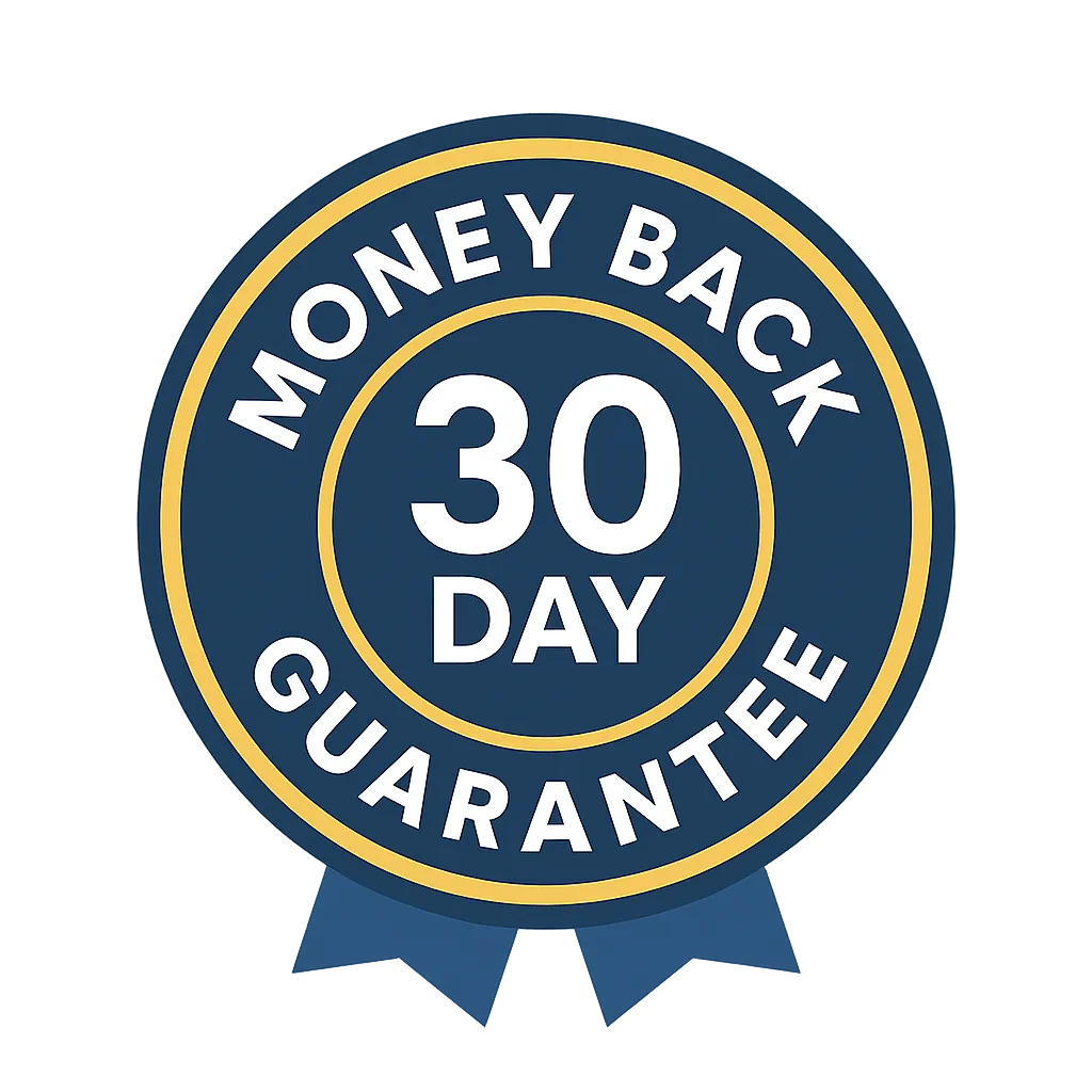 30-Day Money Back Guarantee badge (blue and gold)
