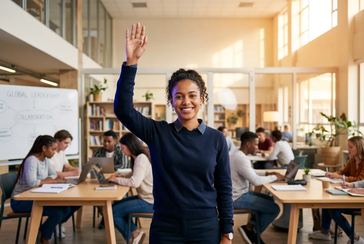 A motivated student raising their hand enthusiastically in a bright, modern classroom