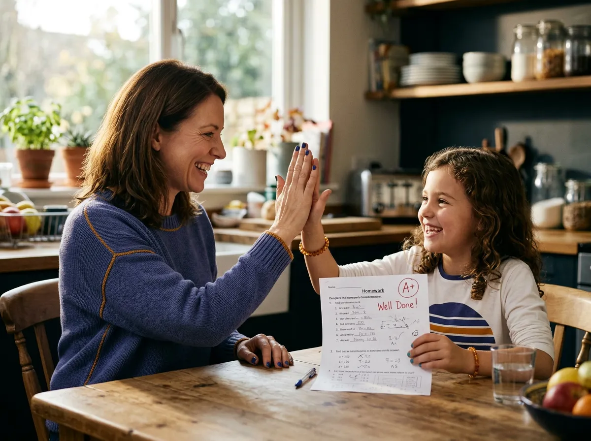 Parent and student smiling warmly while celebrating completed homework milestone