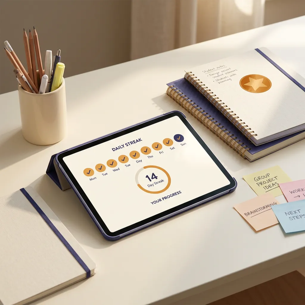 Modern and welcoming educational studio materials, progress streak tracker, and student collaboration tools