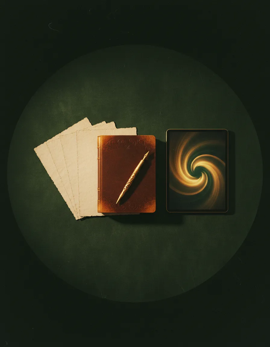 A beautiful collection of physical heirloom kits, premium workbooks, and archival materials laid out on a wooden table.