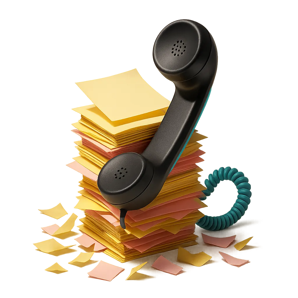A massive stack of sticky notes and missed call notifications representing the burden of manual communication